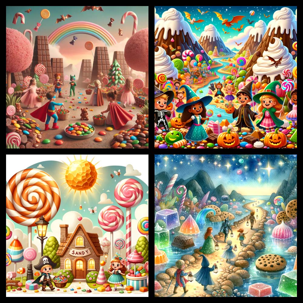 A magical land made of candies, with children dressed as superheroes and princesses collecting treats.