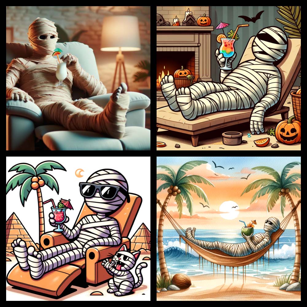 A mummy lounging on a recliner, sipping a drink through a straw, wrapped up in bandages.