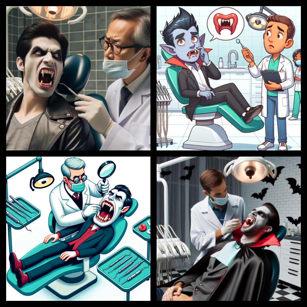 A vampire in a dental chair, with the dentist looking puzzled at his fangs.